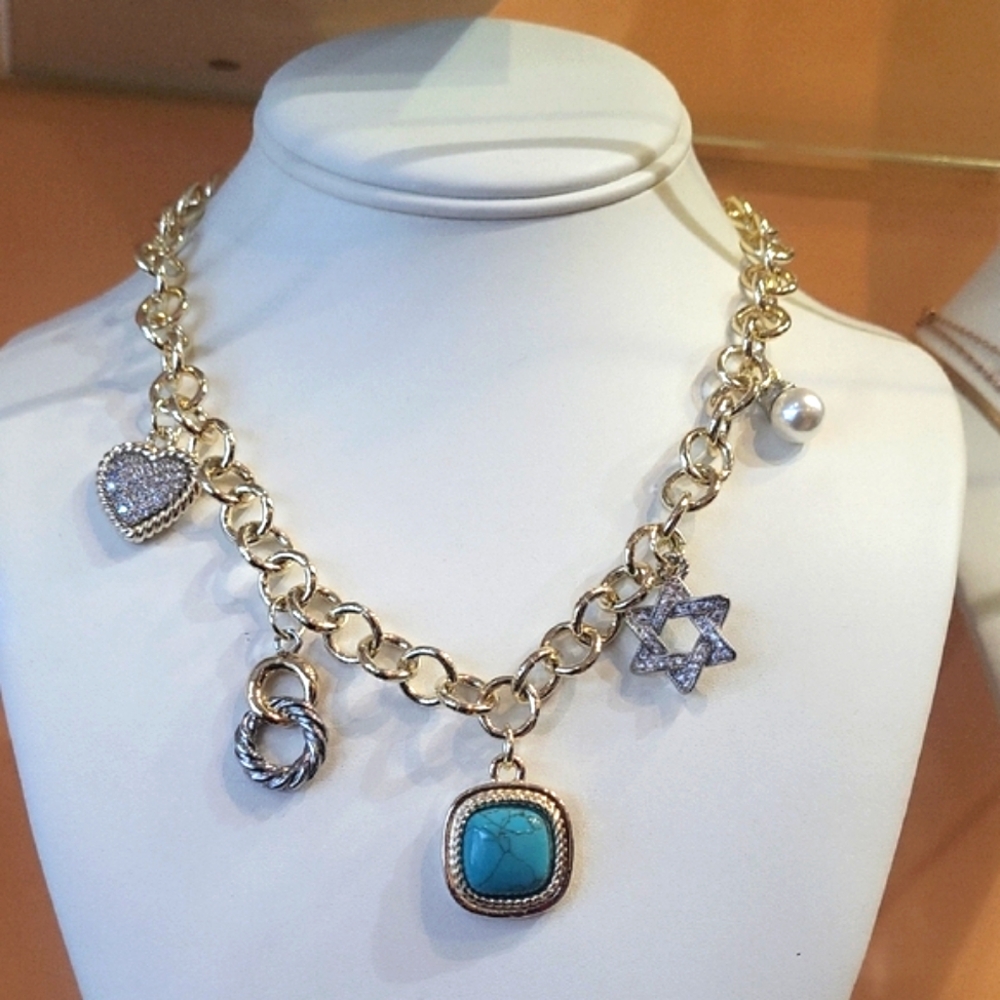 Gold and Silver Charm Necklace with Turquoise Pendant